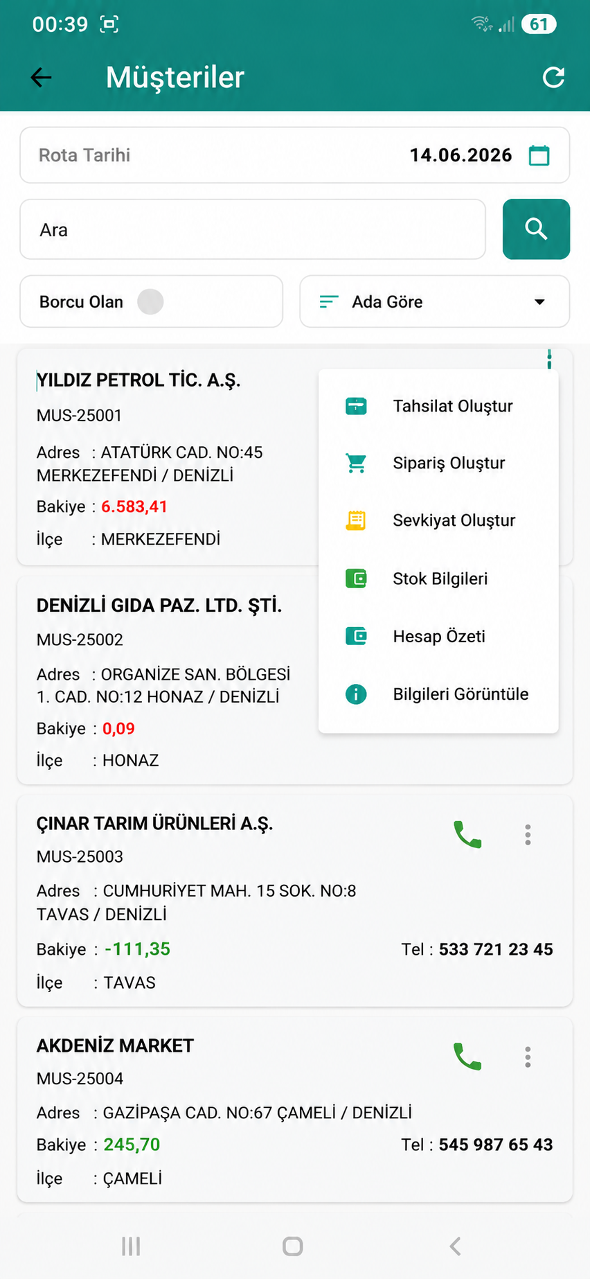 Müşteri ve rota listesi